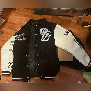 Bank up letterman jacket black and white size large